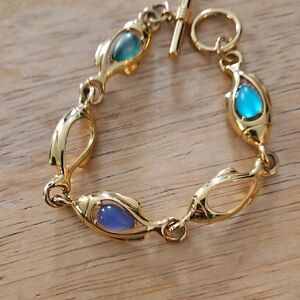 Trifari Gold Bracelet with Blue and Teal Accents